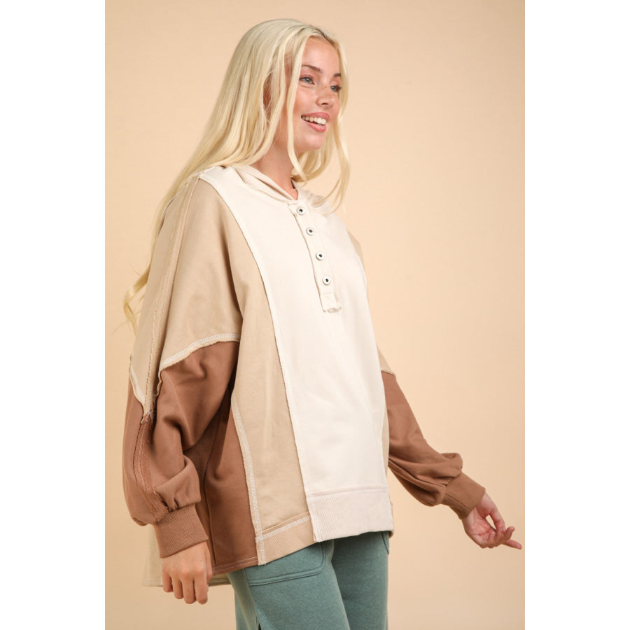 VERY J Exposed Seam Color Block Half Button Hoodie Apparel and Accessories