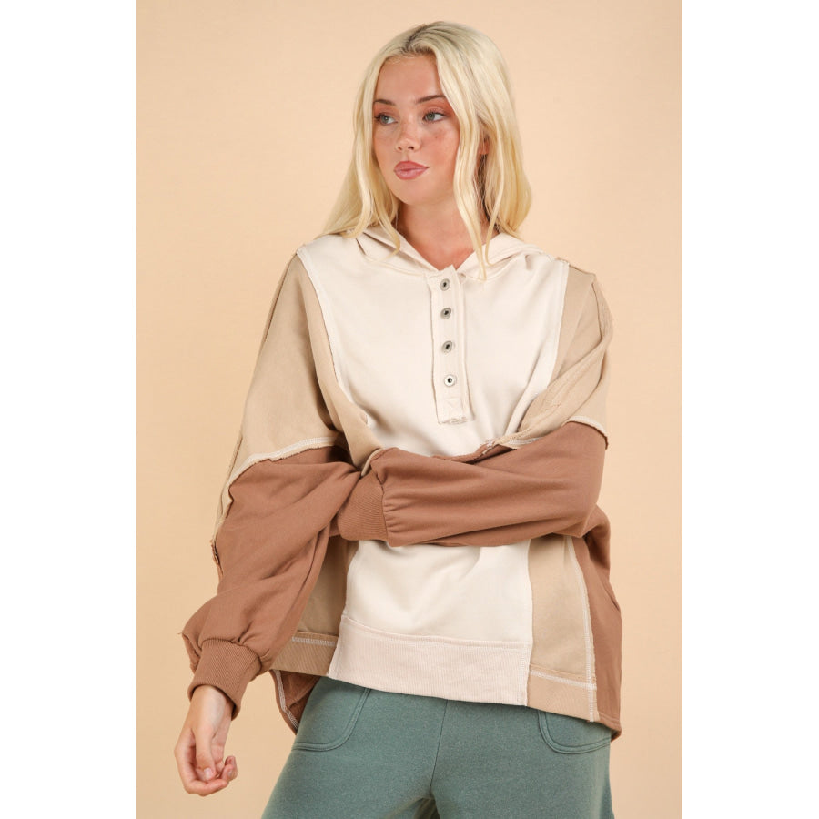 VERY J Exposed Seam Color Block Half Button Hoodie Apparel and Accessories