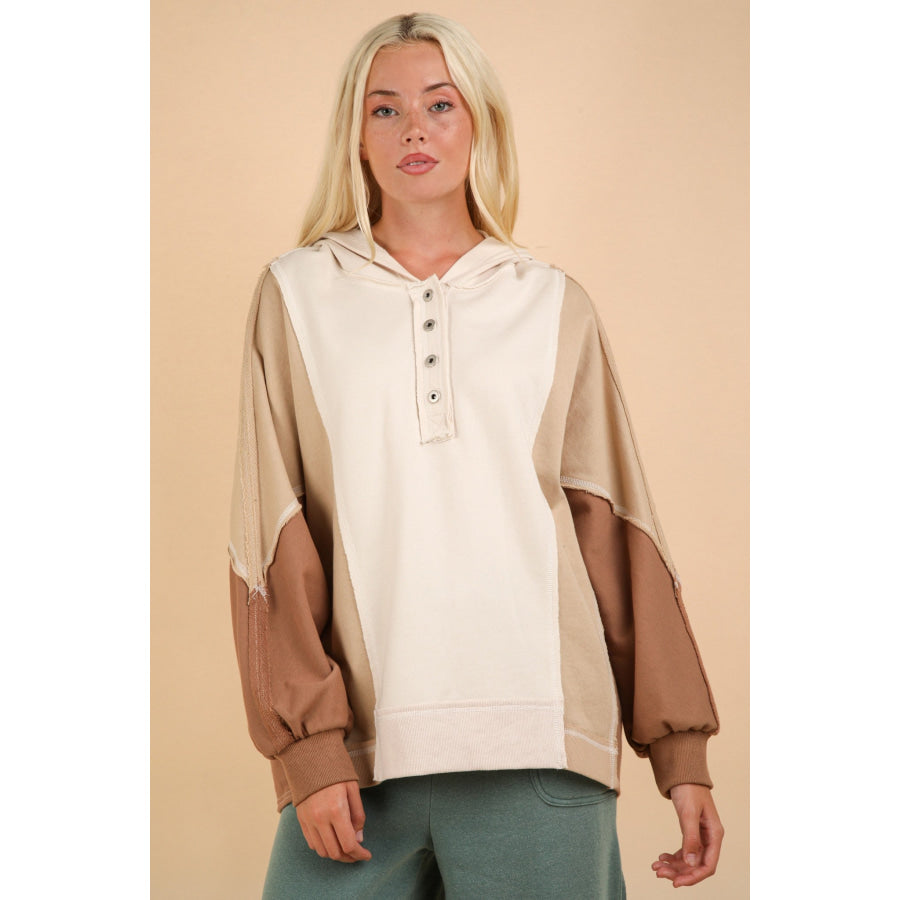 VERY J Exposed Seam Color Block Half Button Hoodie Coconut Milk / S Apparel and Accessories