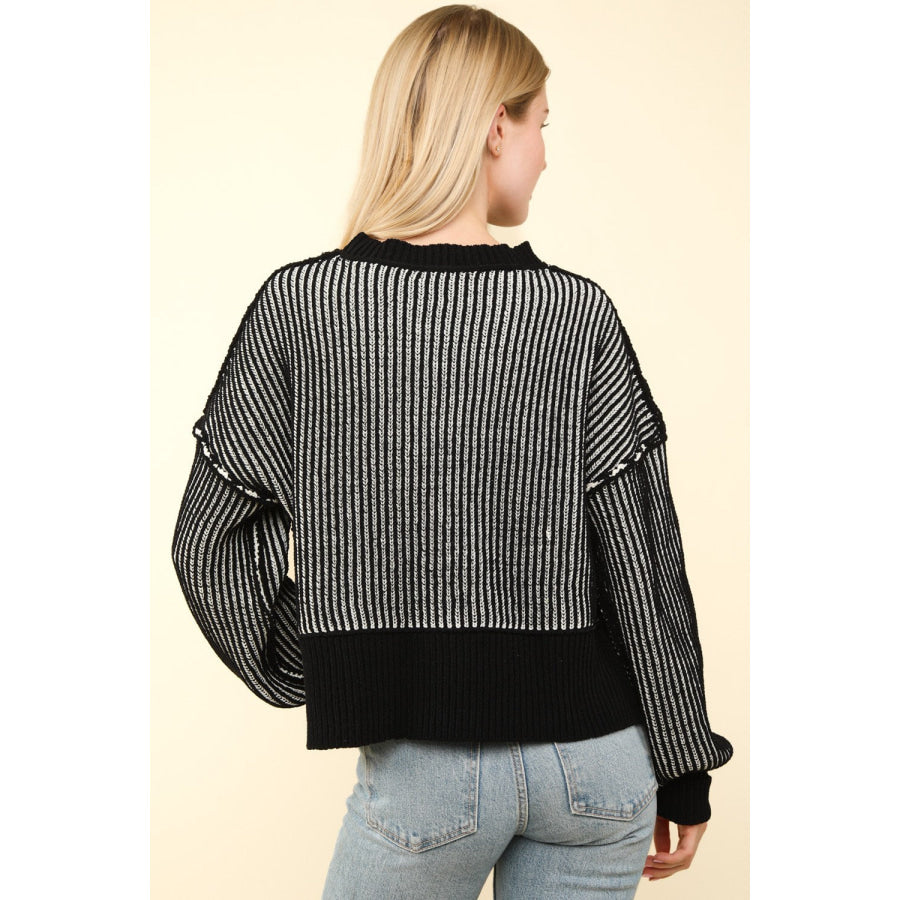 VERY J Exposed Seam Cropped Striped Slit Sweater Apparel and Accessories