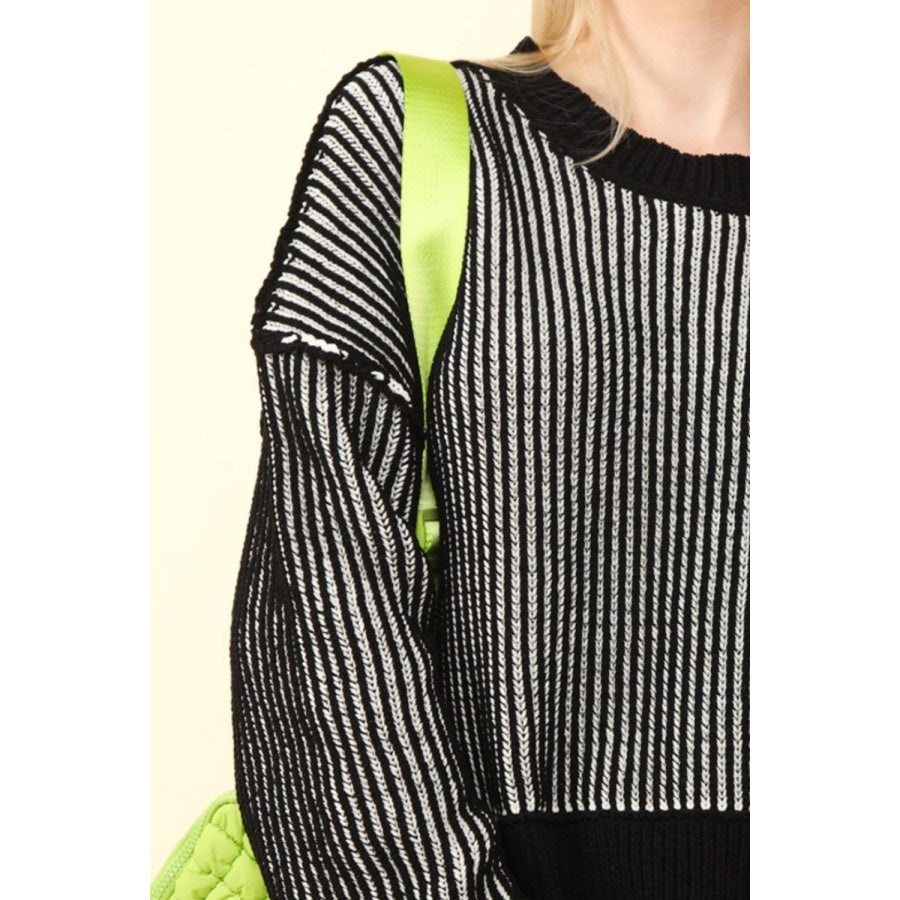 VERY J Exposed Seam Cropped Striped Slit Sweater Apparel and Accessories