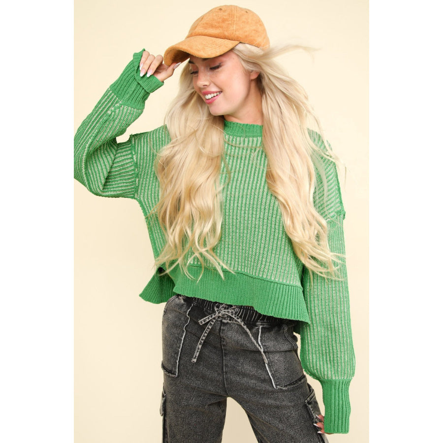 VERY J Exposed Seam Cropped Striped Slit Sweater Apparel and Accessories