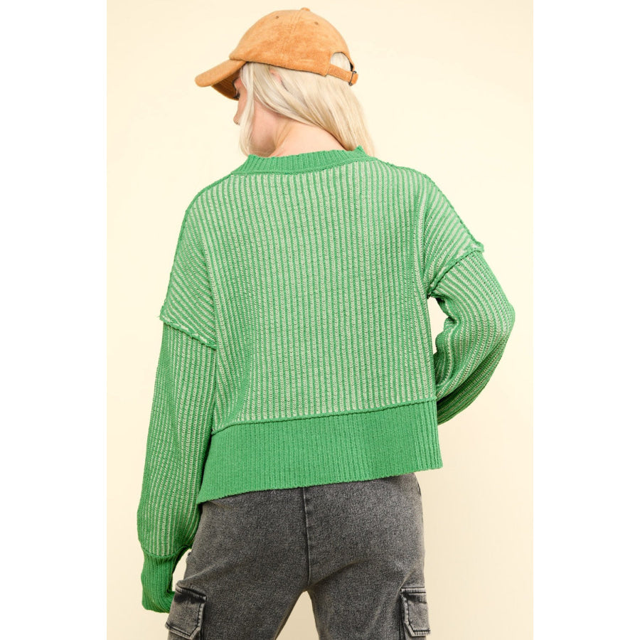 VERY J Exposed Seam Cropped Striped Slit Sweater Green / S Apparel and Accessories