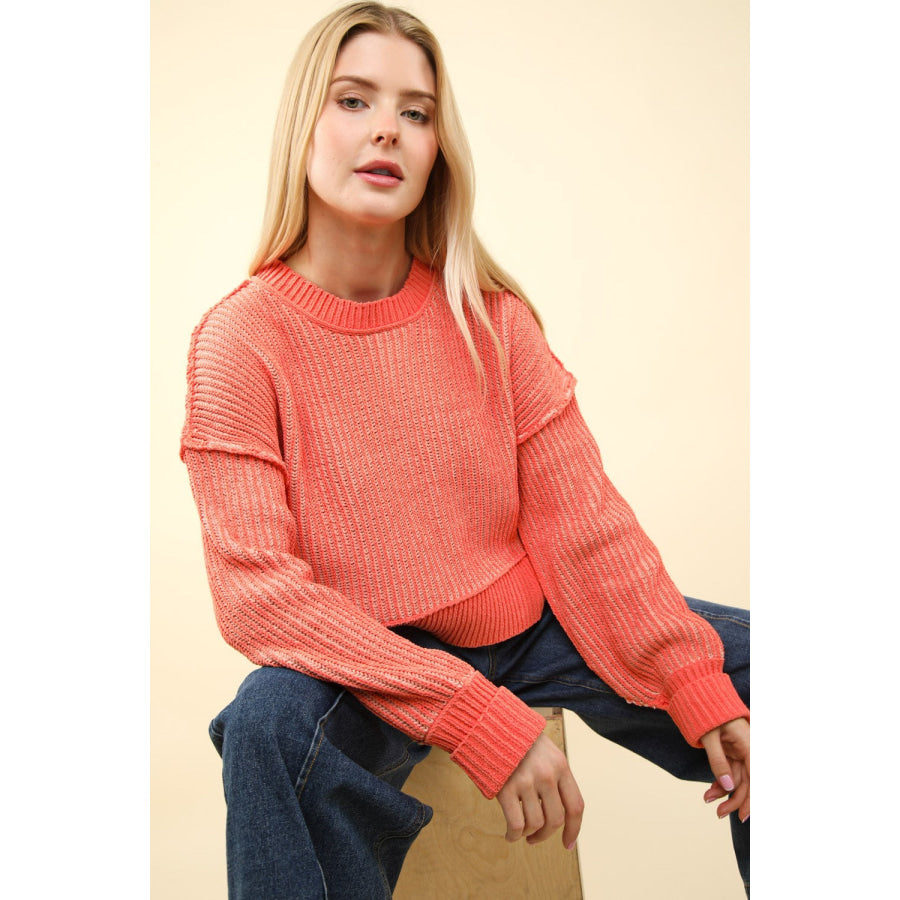 VERY J Exposed Seam Cropped Striped Slit Sweater Apparel and Accessories