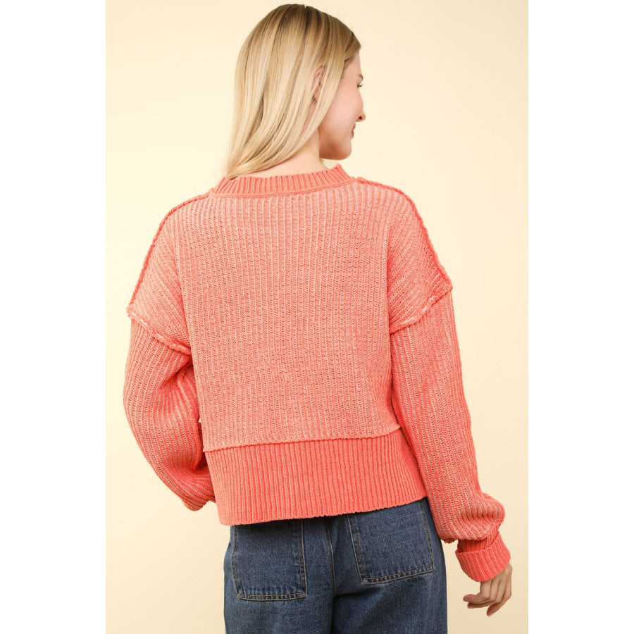 VERY J Exposed Seam Cropped Striped Slit Sweater Coral / S Apparel and Accessories