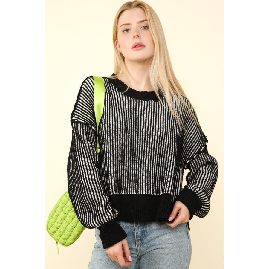 VERY J Exposed Seam Cropped Striped Slit Sweater Black / S Apparel and Accessories