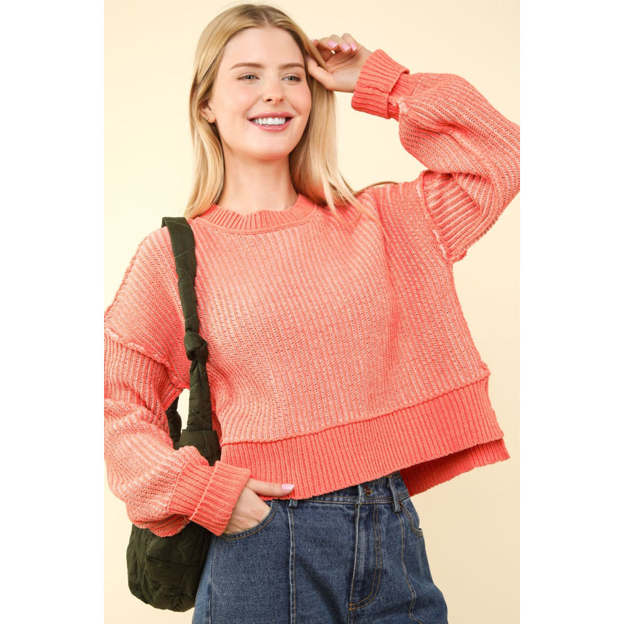 VERY J Exposed Seam Cropped Striped Slit Sweater Coral / S Apparel and Accessories