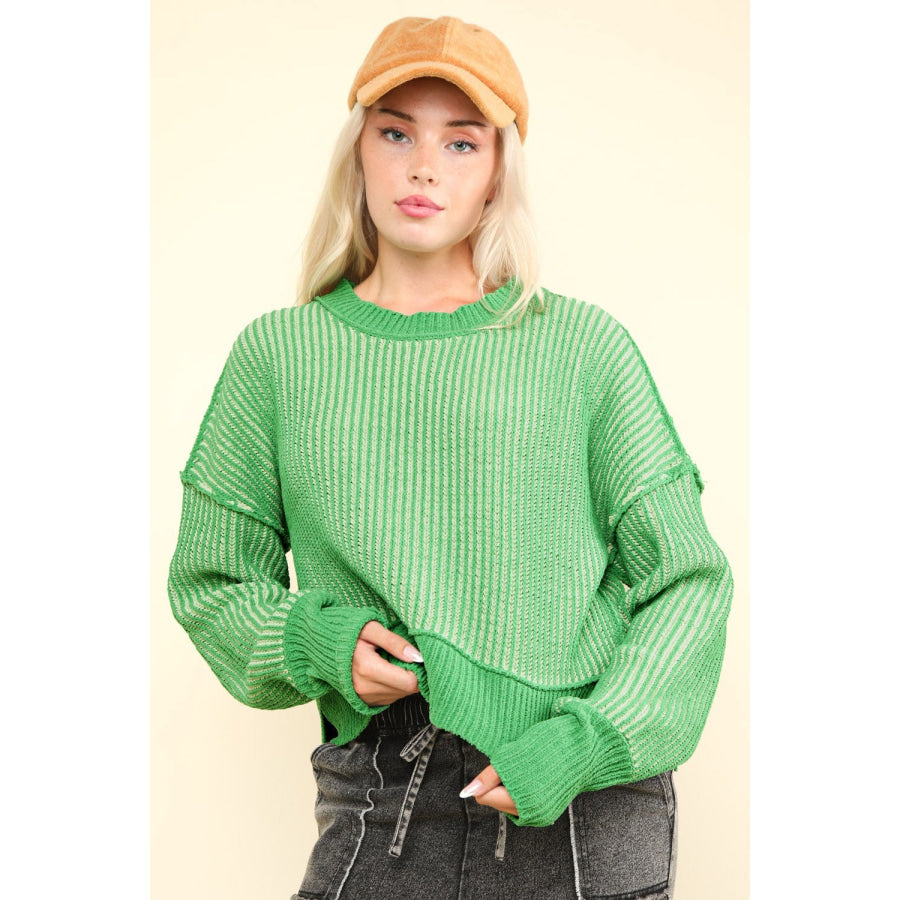 VERY J Exposed Seam Cropped Striped Slit Sweater Green / S Apparel and Accessories