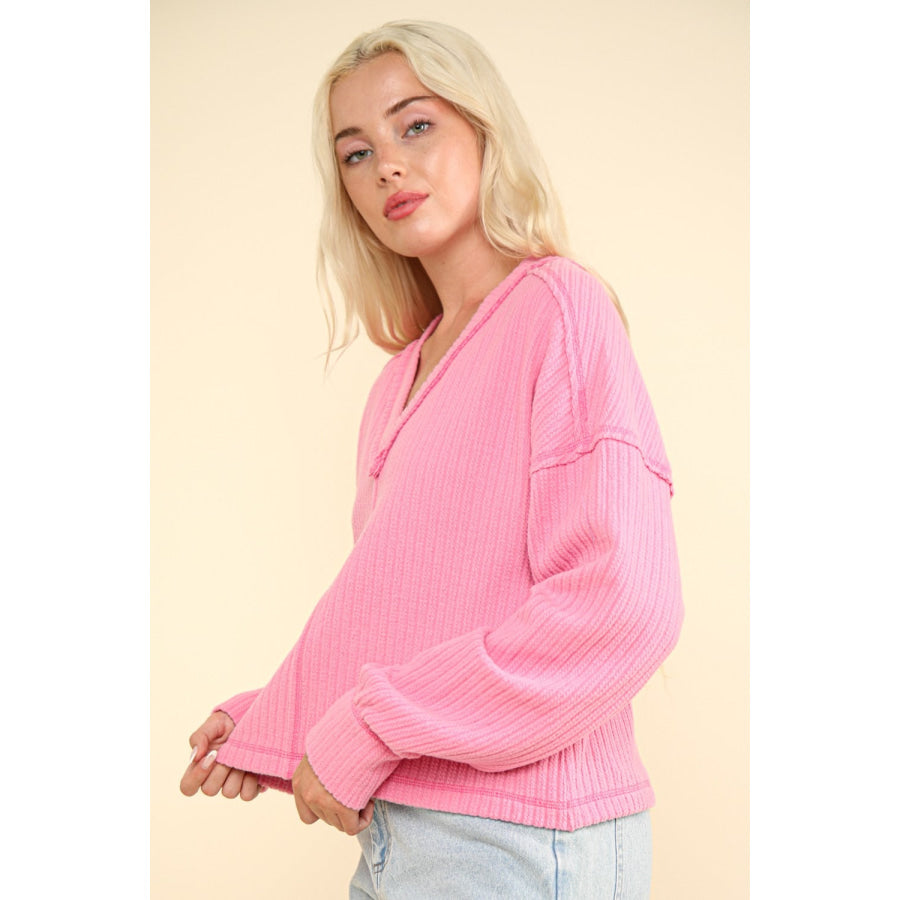 VERY J Exposed Seam V-Neck Ribbed Knit Top Pink / S Apparel and Accessories