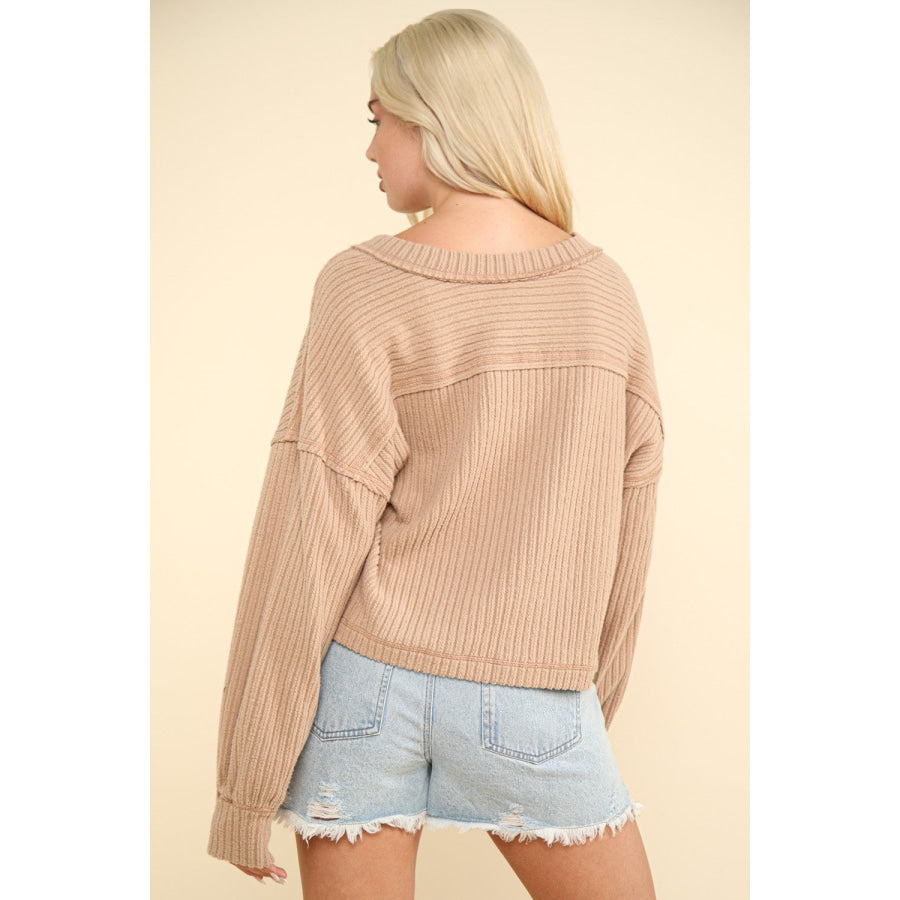 VERY J Exposed Seam V-Neck Ribbed Knit Top Mocha / S Apparel and Accessories