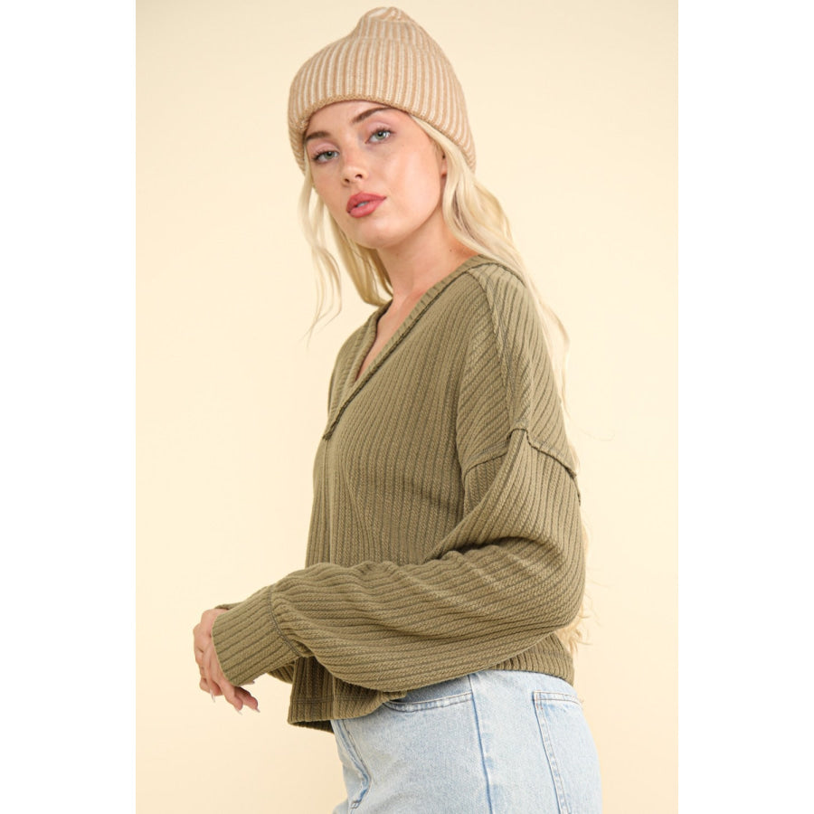 VERY J Exposed Seam V-Neck Ribbed Knit Top Apparel and Accessories