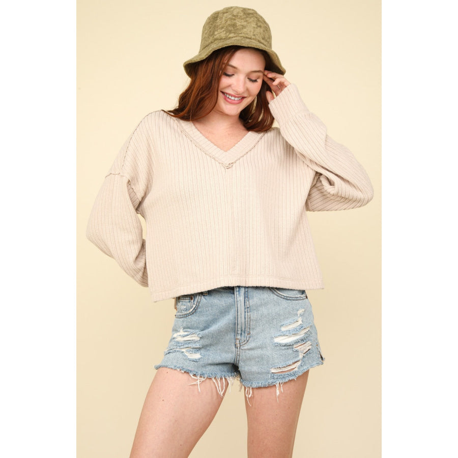 VERY J Exposed Seam V-Neck Ribbed Knit Top Apparel and Accessories