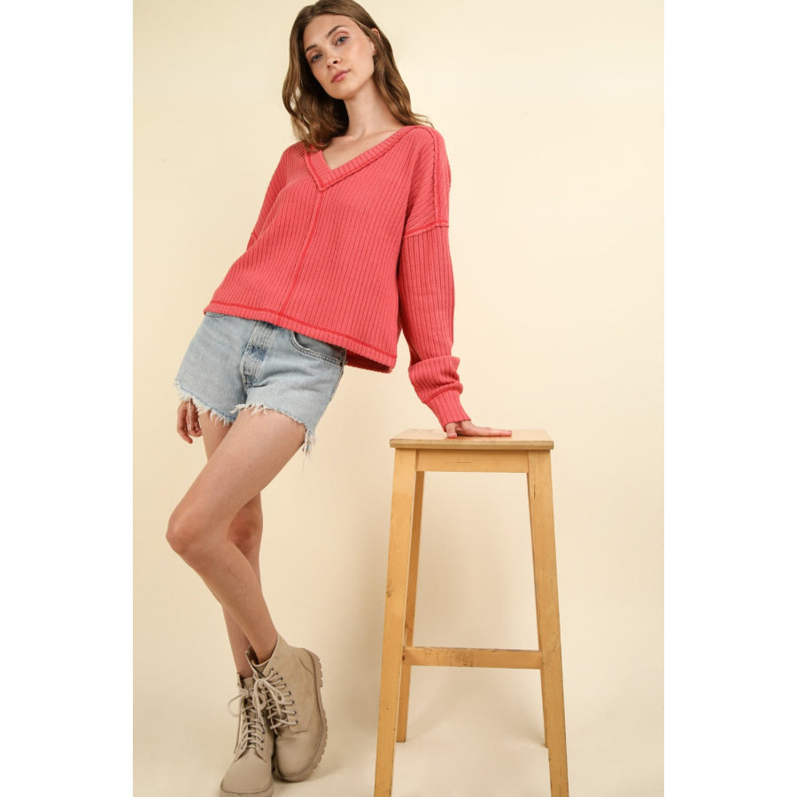 VERY J Exposed Seam V-Neck Ribbed Knit Top Apparel and Accessories