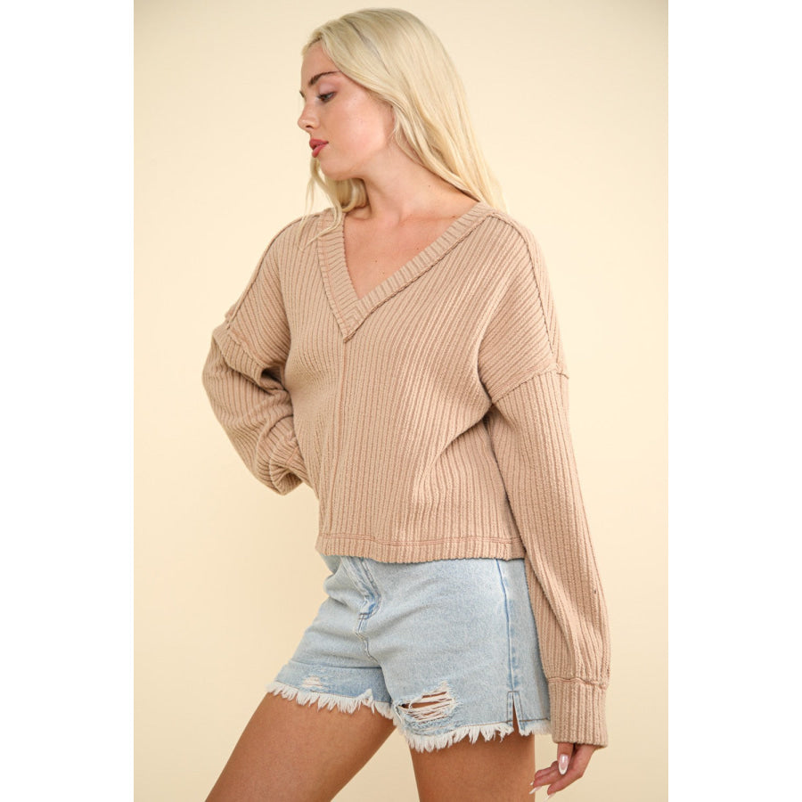 VERY J Exposed Seam V-Neck Ribbed Knit Top Apparel and Accessories