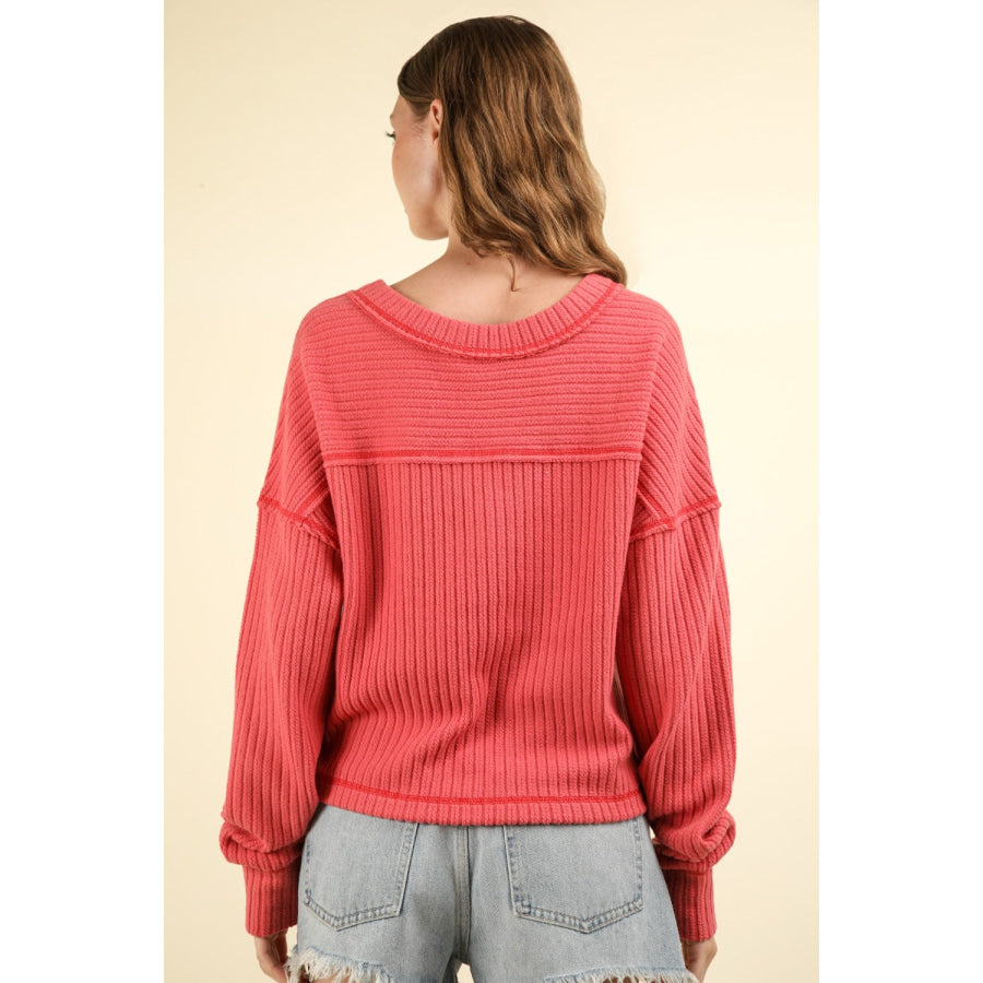 VERY J Exposed Seam V-Neck Ribbed Knit Top Apparel and Accessories