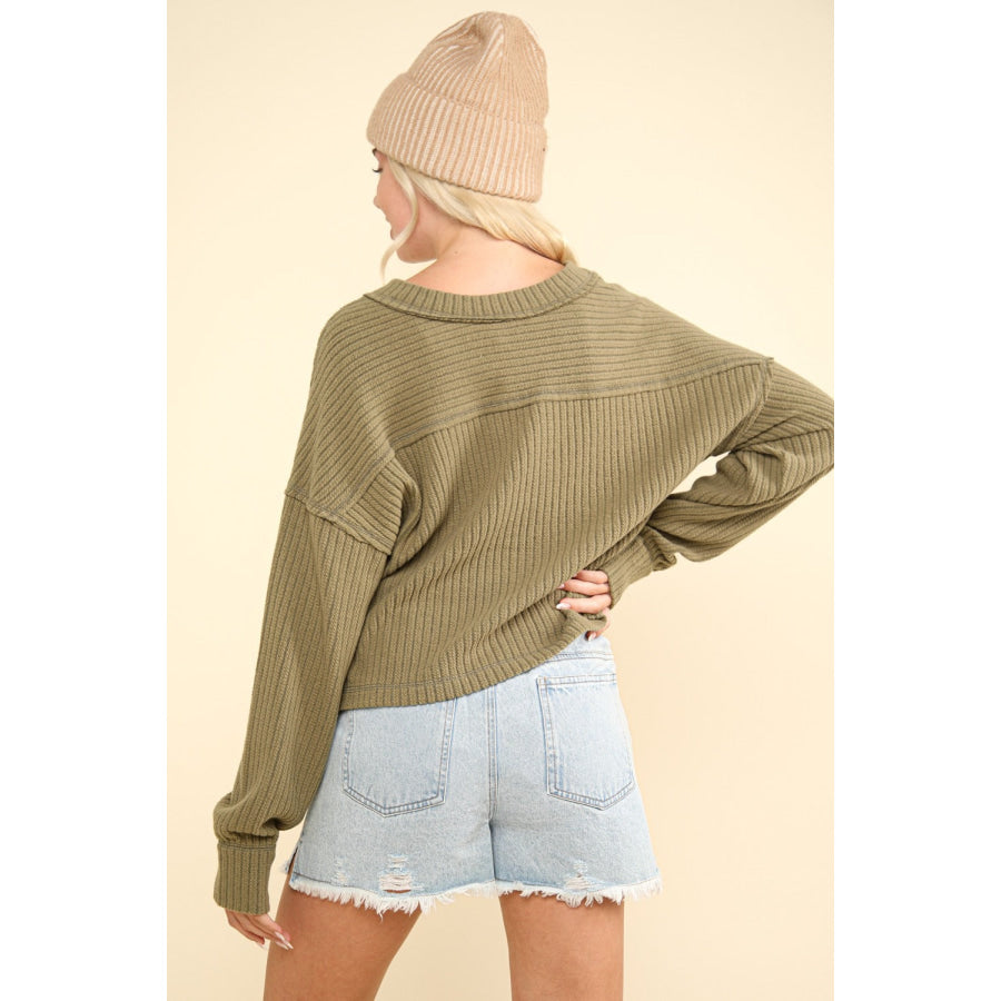 VERY J Exposed Seam V-Neck Ribbed Knit Top Olive / S Apparel and Accessories