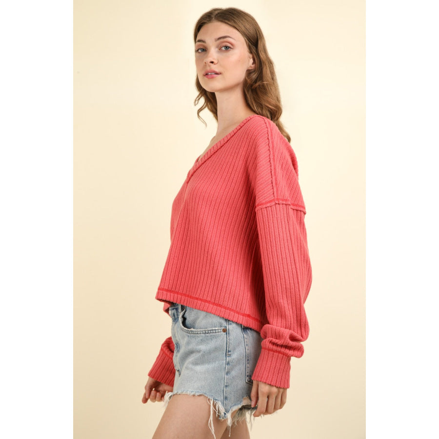 VERY J Exposed Seam V-Neck Ribbed Knit Top Apparel and Accessories