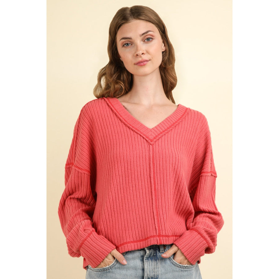 VERY J Exposed Seam V-Neck Ribbed Knit Top Coral / S Apparel and Accessories