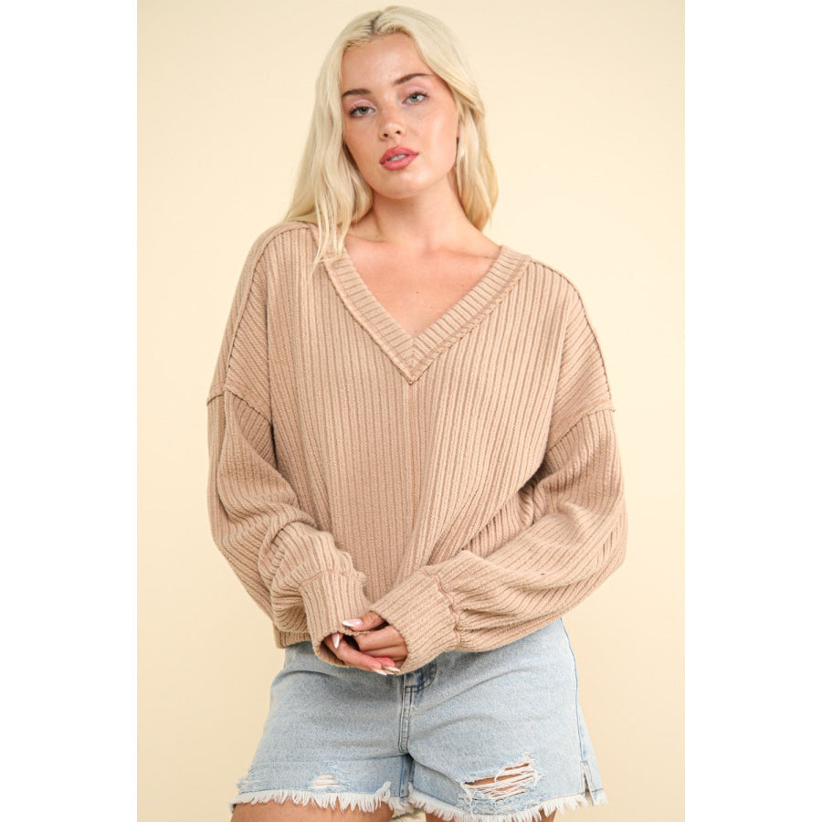 VERY J Exposed Seam V-Neck Ribbed Knit Top Mocha / S Apparel and Accessories