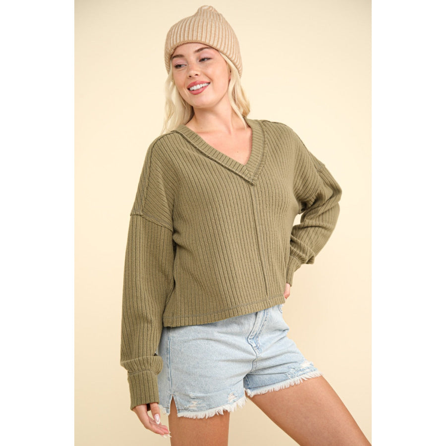 VERY J Exposed Seam V-Neck Ribbed Knit Top Olive / S Apparel and Accessories