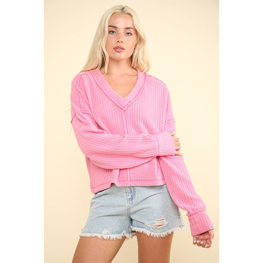 VERY J Exposed Seam V-Neck Ribbed Knit Top Pink / S Apparel and Accessories