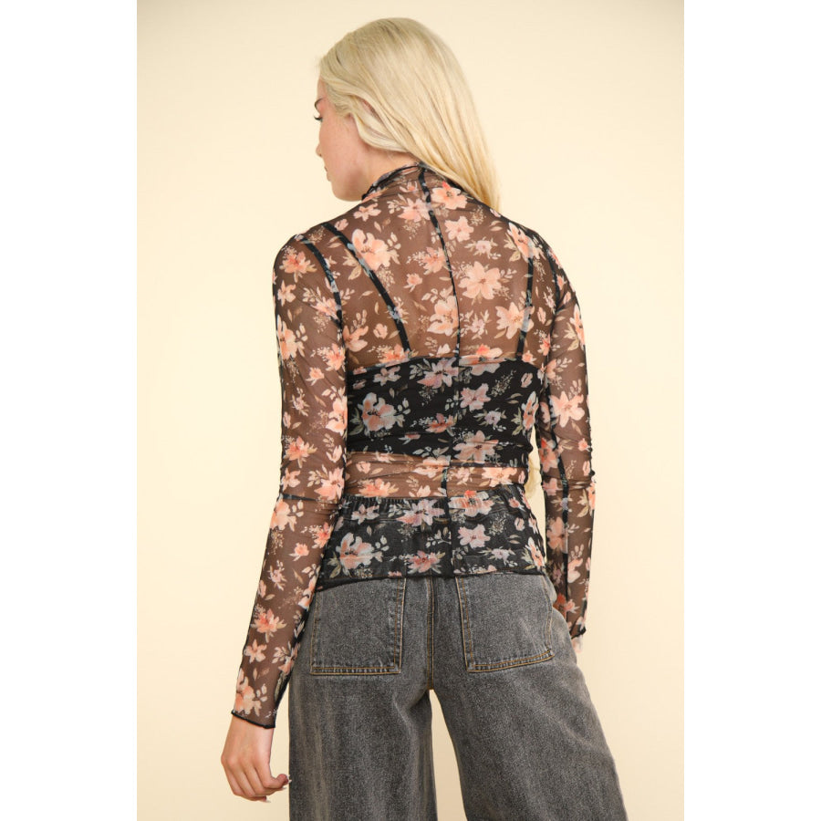 VERY J Floral Mock Neck Sheer Mesh Blouse Apparel and Accessories