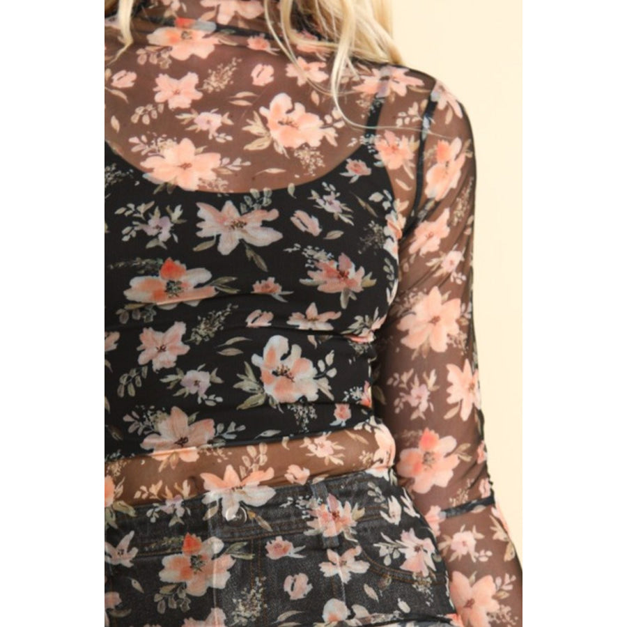 VERY J Floral Mock Neck Sheer Mesh Blouse Apparel and Accessories