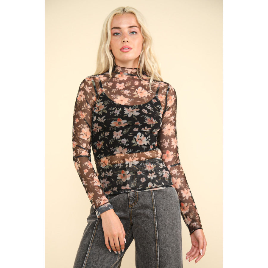 VERY J Floral Mock Neck Sheer Mesh Blouse Floral Black / S Apparel and Accessories