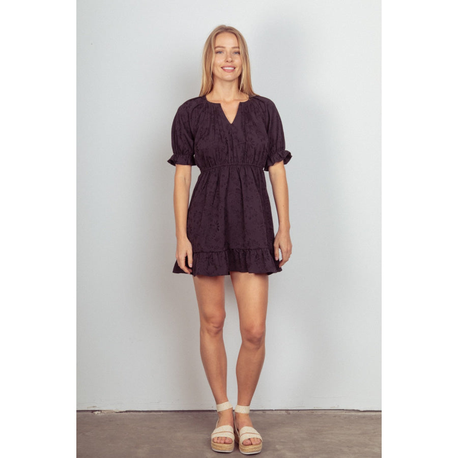 VERY J Floral Textured Woven Ruffled Mini Dress Apparel and Accessories