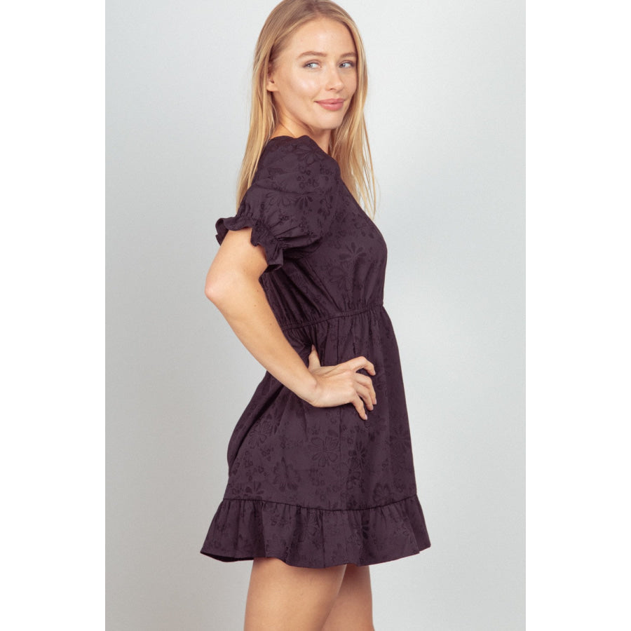 VERY J Floral Textured Woven Ruffled Mini Dress Apparel and Accessories