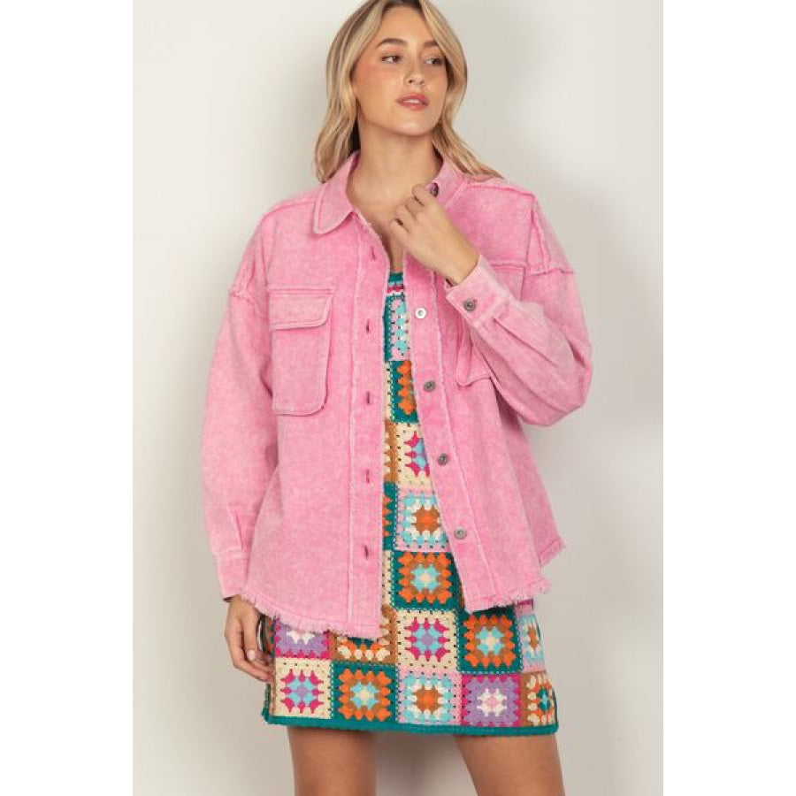 VERY J Full Size Button Up Raw Hem Long Sleeve Jacket PINK / S Apparel and Accessories