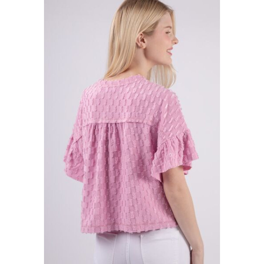VERY J Full Size Texture Ruffle Short Sleeve Top Orchid / S Apparel and Accessories