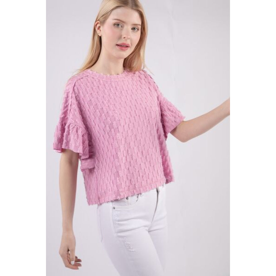 VERY J Full Size Texture Ruffle Short Sleeve Top Apparel and Accessories