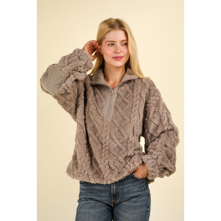 VERY J Fuzzy Fleece Half Zip Cable Pattern Sweatshirt Apparel and Accessories