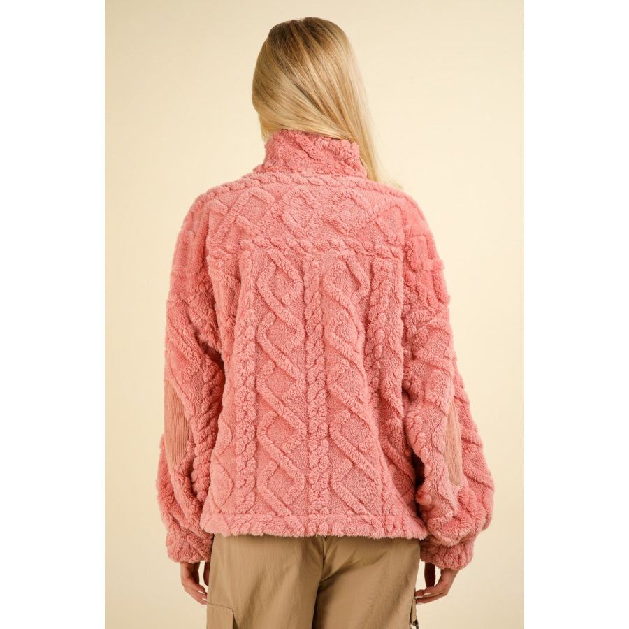 VERY J Fuzzy Fleece Half Zip Cable Pattern Sweatshirt Apparel and Accessories