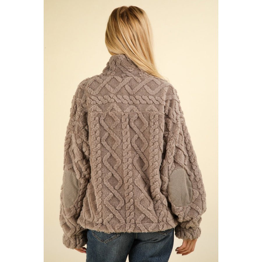 VERY J Fuzzy Fleece Half Zip Cable Pattern Sweatshirt Apparel and Accessories