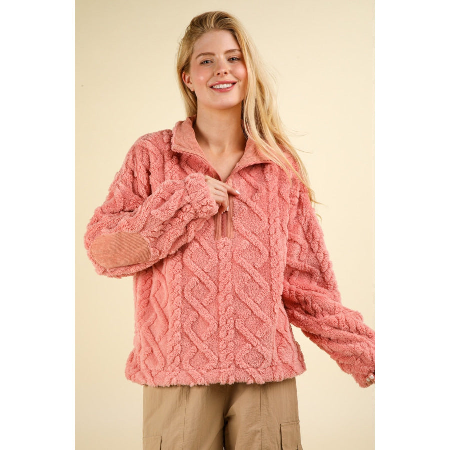 VERY J Fuzzy Fleece Half Zip Cable Pattern Sweatshirt Apparel and Accessories