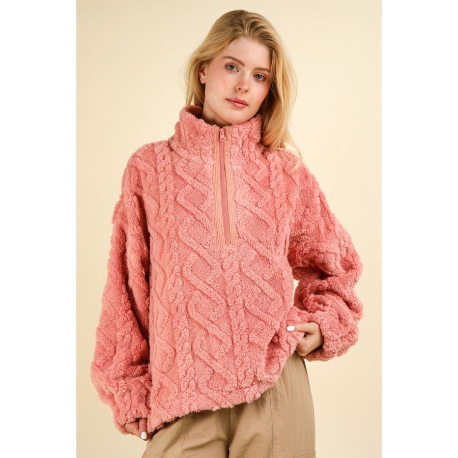 VERY J Fuzzy Fleece Half Zip Cable Pattern Sweatshirt Blush / S Apparel and Accessories