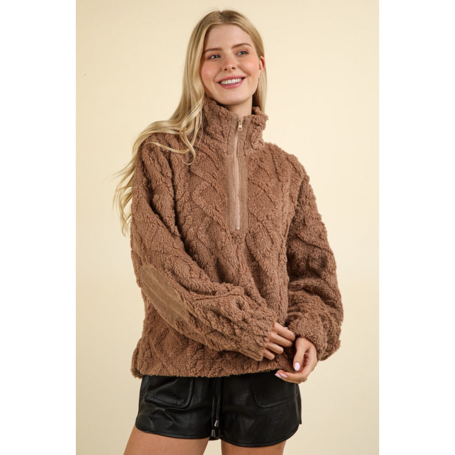 VERY J Fuzzy Fleece Half Zip Cable Pattern Sweatshirt Mocha / S Apparel and Accessories