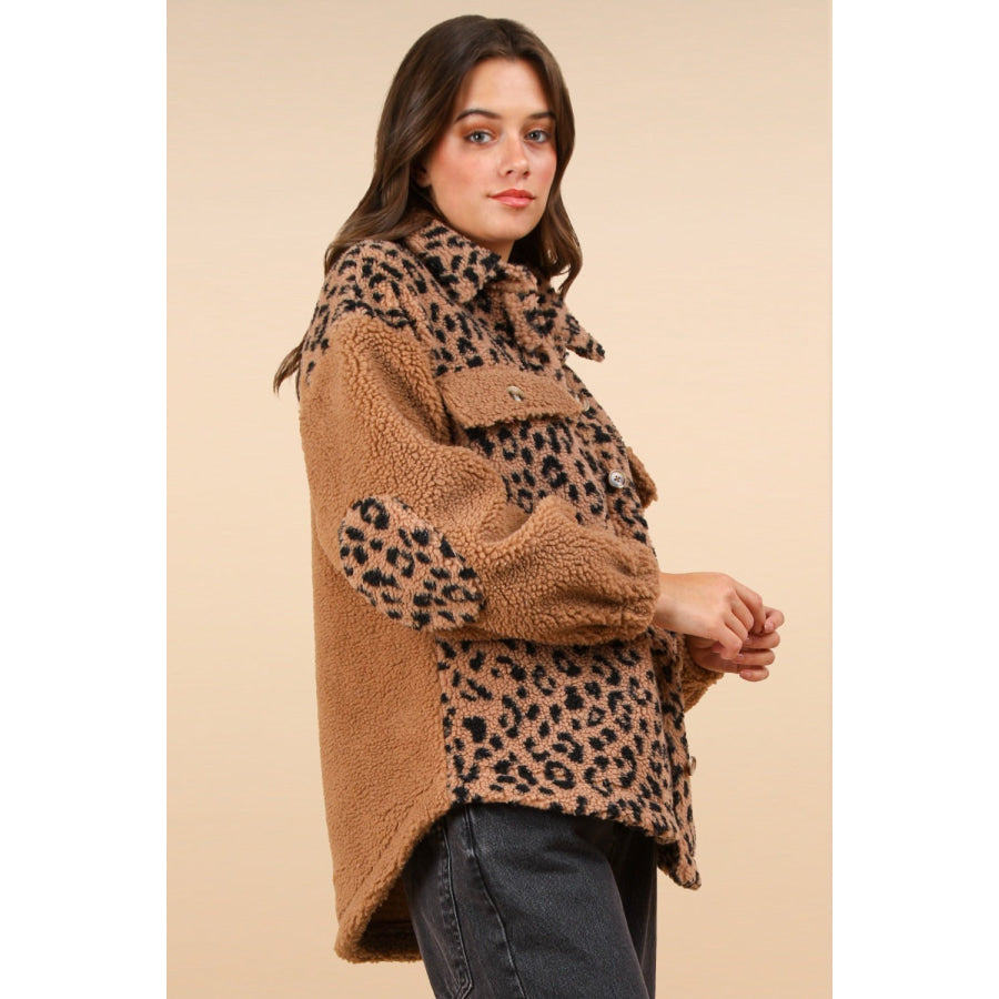 VERY J Fuzzy Leopard Button Down Long Sleeve Jacket Apparel and Accessories