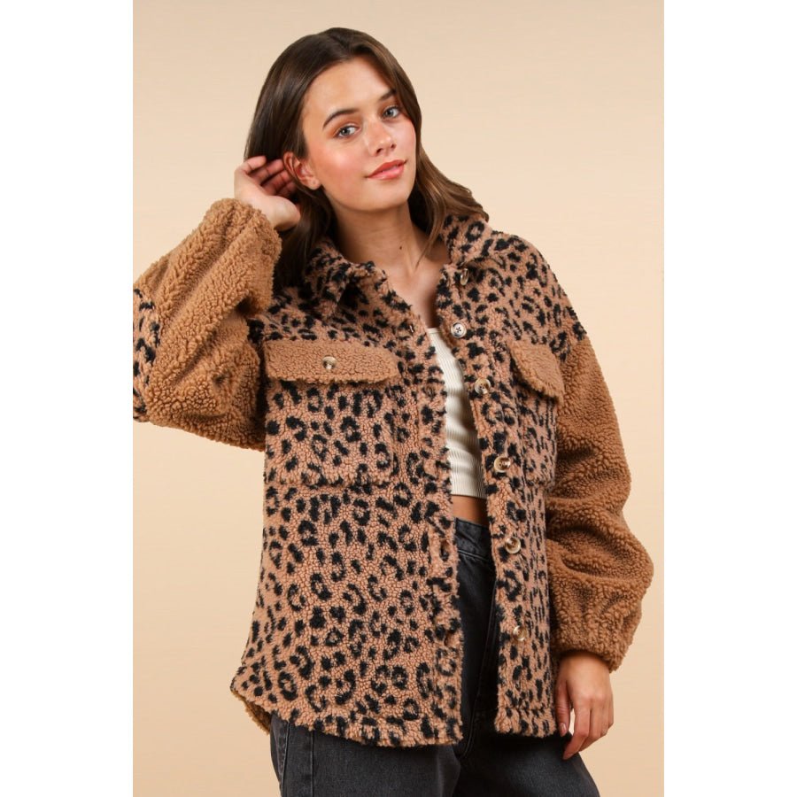 VERY J Fuzzy Leopard Button Down Long Sleeve Jacket Apparel and Accessories