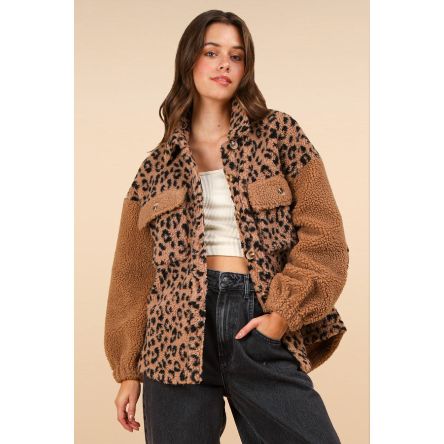 VERY J Fuzzy Leopard Button Down Long Sleeve Jacket Leopard Camel / S Apparel and Accessories