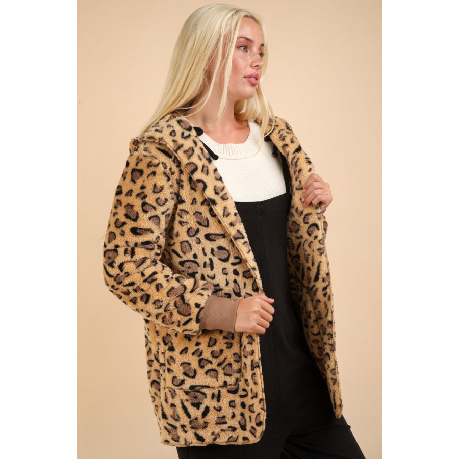 VERY J Fuzzy Leopard Long Sleeve Hooded Jacket Apparel and Accessories