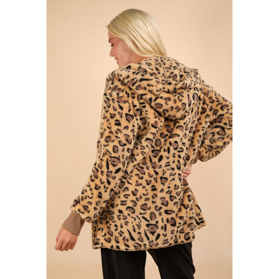 VERY J Fuzzy Leopard Long Sleeve Hooded Jacket Apparel and Accessories