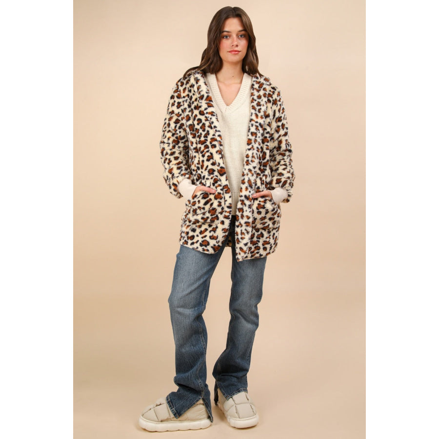 VERY J Fuzzy Leopard Long Sleeve Hooded Jacket Apparel and Accessories