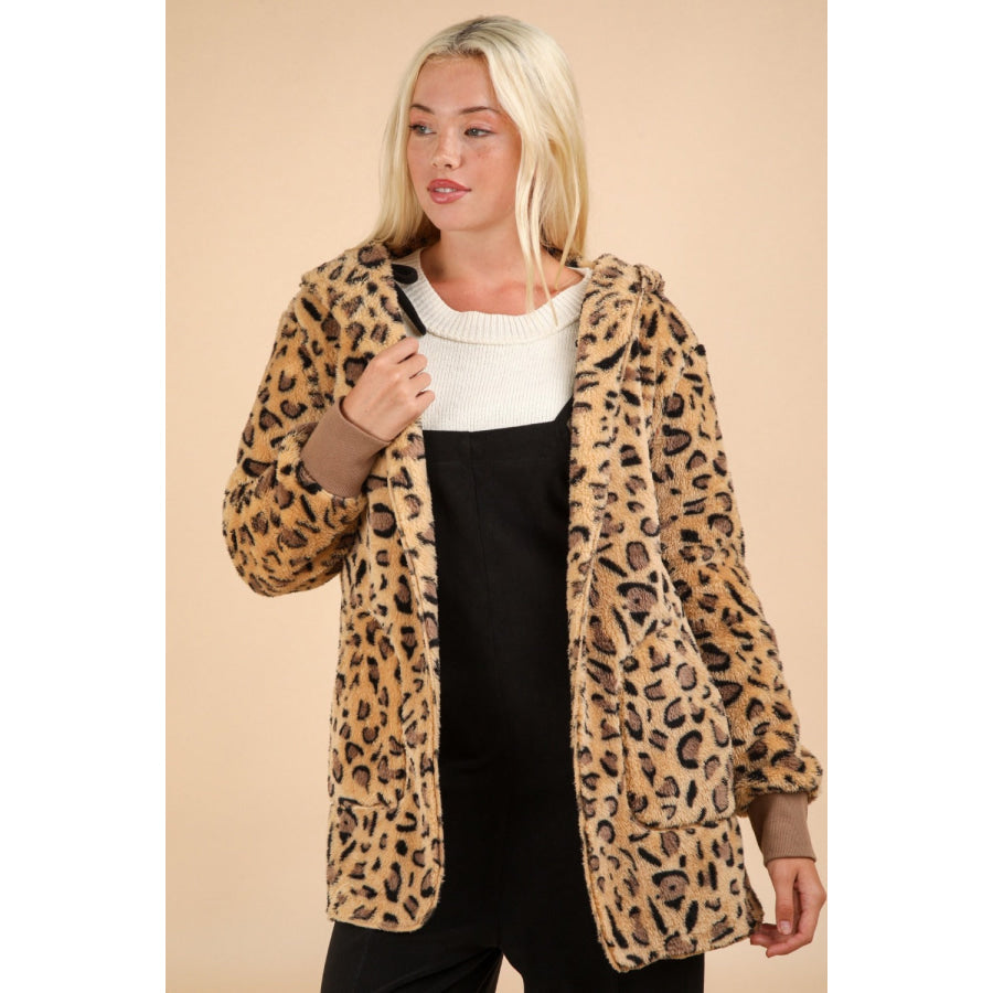 VERY J Fuzzy Leopard Long Sleeve Hooded Jacket Apparel and Accessories