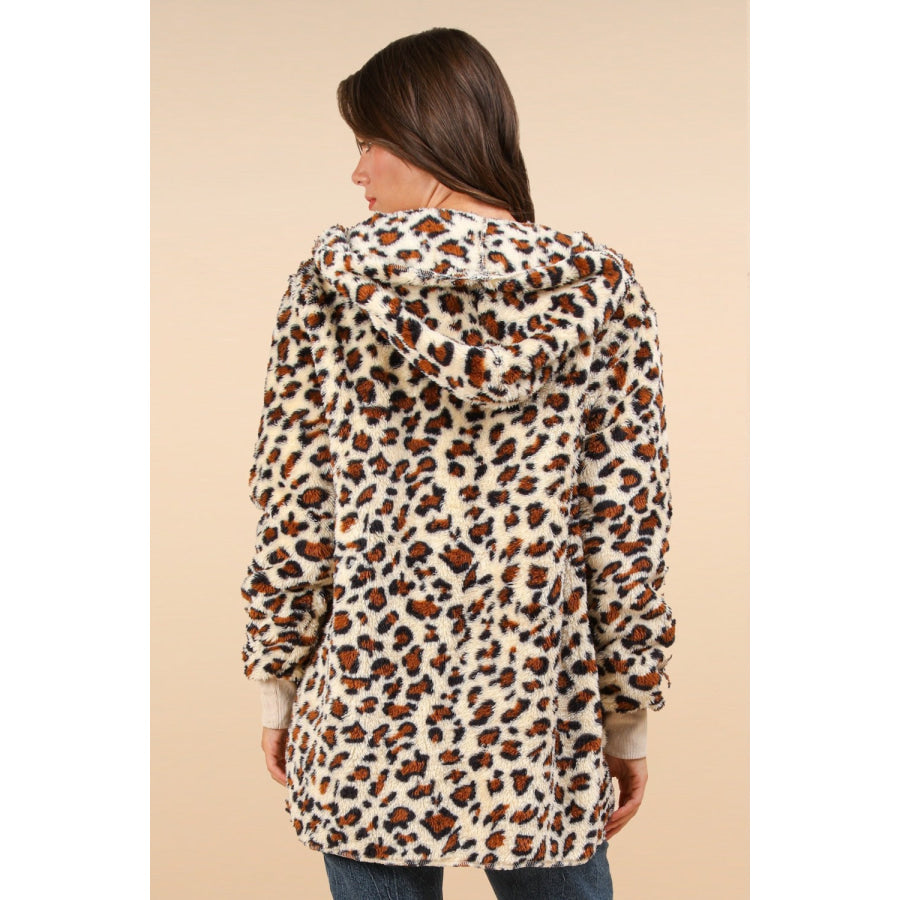 VERY J Fuzzy Leopard Long Sleeve Hooded Jacket Apparel and Accessories