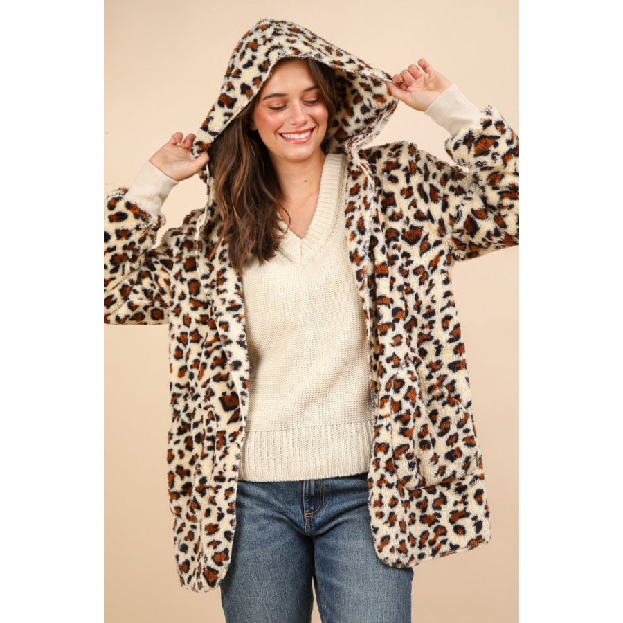 VERY J Fuzzy Leopard Long Sleeve Hooded Jacket Apparel and Accessories