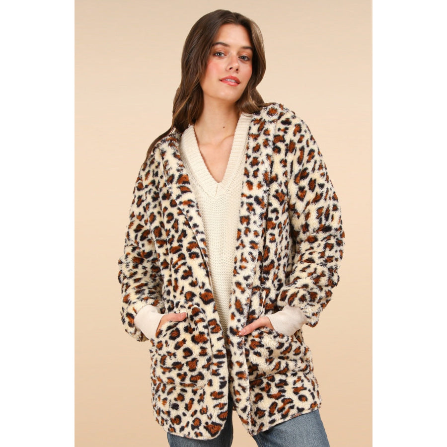 VERY J Fuzzy Leopard Long Sleeve Hooded Jacket Ivory Leopard / S Apparel and Accessories