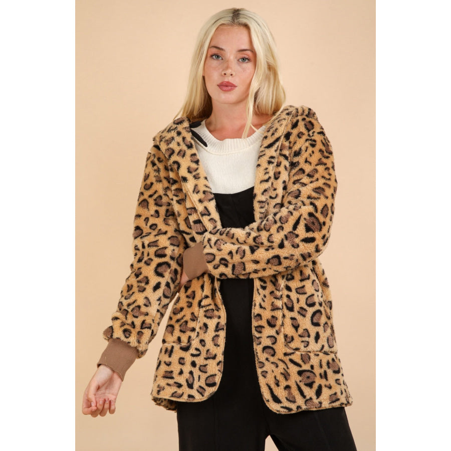 VERY J Fuzzy Leopard Long Sleeve Hooded Jacket Taupe Leopard / S Apparel and Accessories